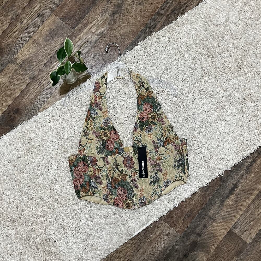 Fashion Nova Size XL Fiora Jacquard Tapestry Plunge Halter Tank Top NWT